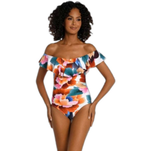 ✨️HP✨️LA BLANCA 1-Piece Floral Swimsuit, Ruffle, Off-Shoulder Ruching Size 6 NWT